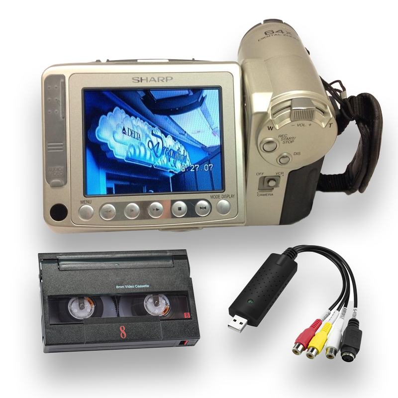 Sharp 8mm Tape Player Camcorder w/ battery, tape, USB, digitizing