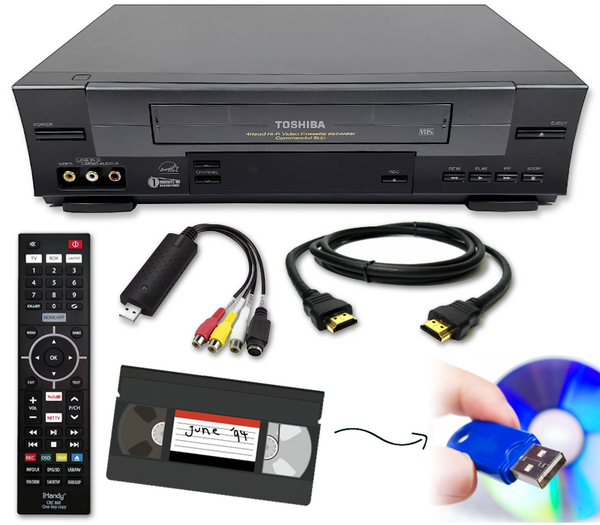 VHS Player Bundle - Playback and Digitize VHS w/ VCR, Remote, HDMI, USB